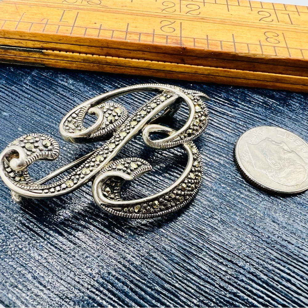 Vintage 925 silver & marcasite monogram letter B large brooch pin - Picture 5 of 8